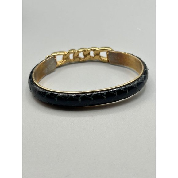 Vintage Snakeskin Black Bracelet Gold Plated Chain Style 80s 90s Costume Jewelry - Picture 3 of 8